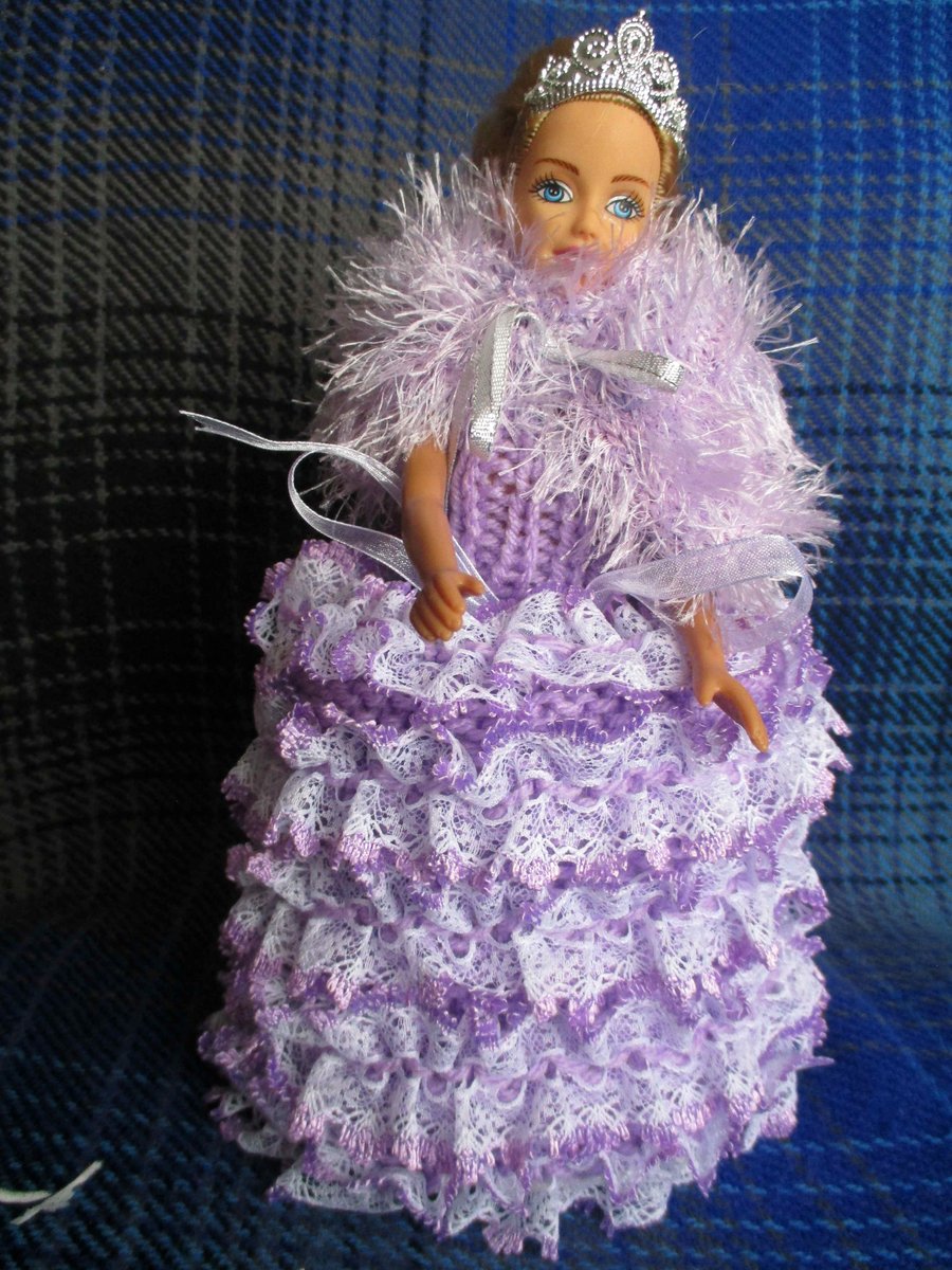 Hand Knitted Lilac Princess Doll Spare Toilet Roll Cover