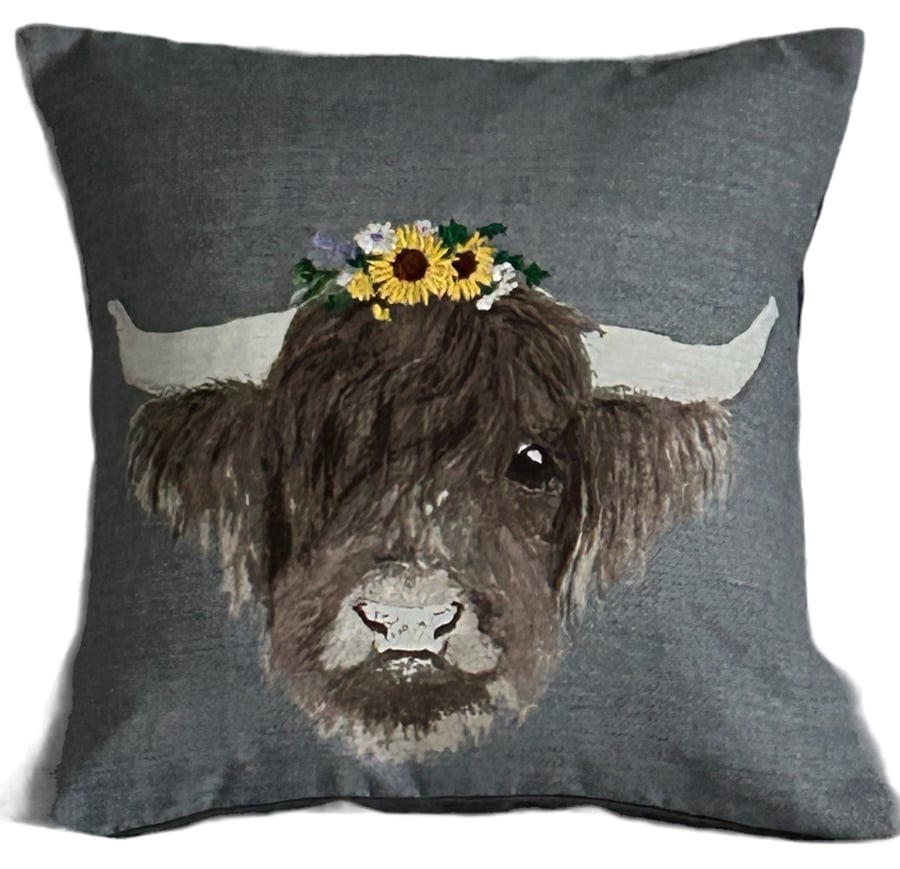 Cow & Embroidered Flora Cushion Cover 12”x12” Gift Idea