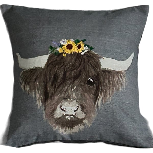 Cow & Embroidered Flora Cushion Cover 12”x12” Gift Idea