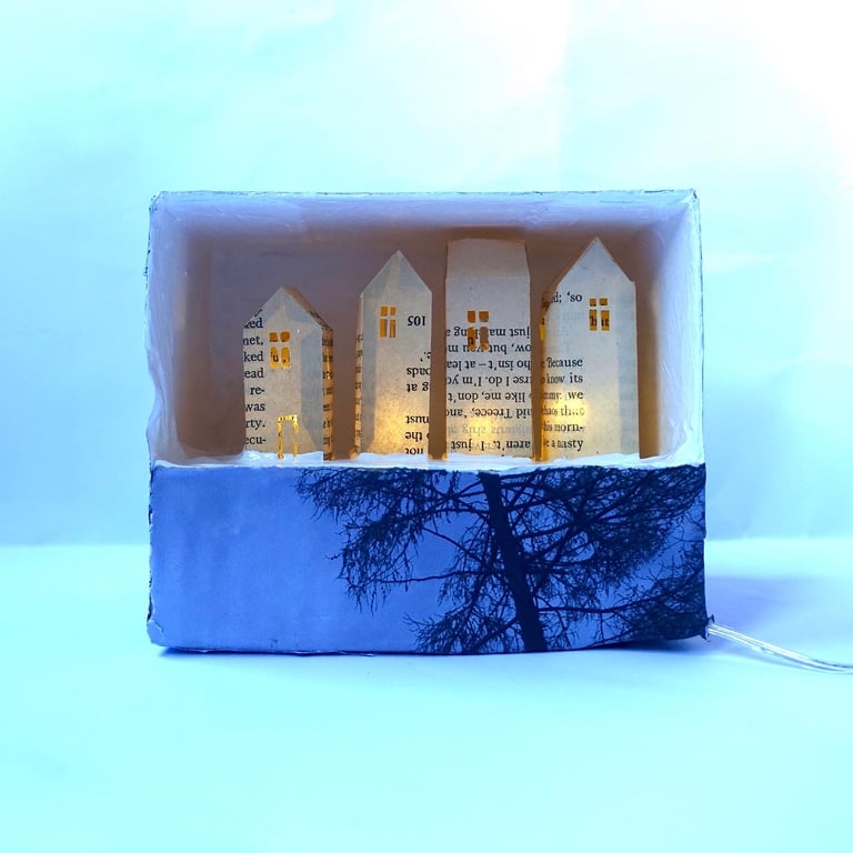 Custom Light Up Paper City, Book Sculpture Lamp, Whimsical Bookshelf Diorama