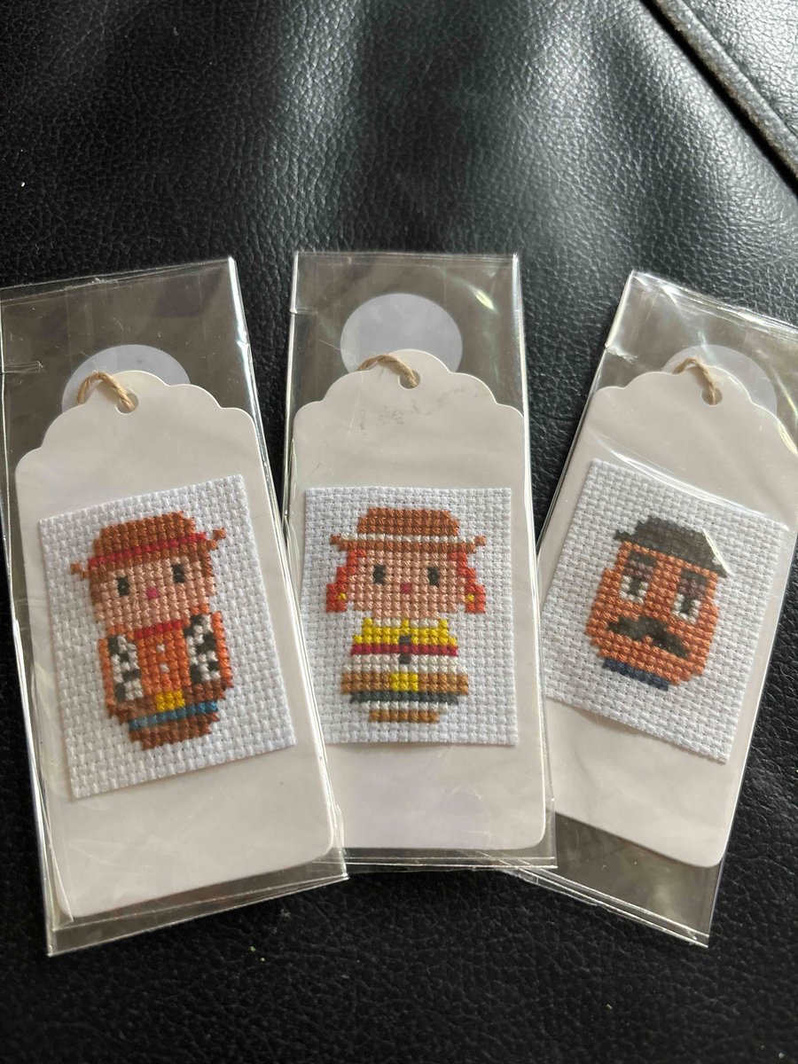  Cross stitched set of 3 gift tags. Mr potato Head , Jessie & woody 