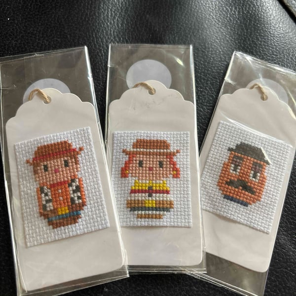  Cross stitched set of 3 gift tags. Mr potato Head , Jessie & woody 