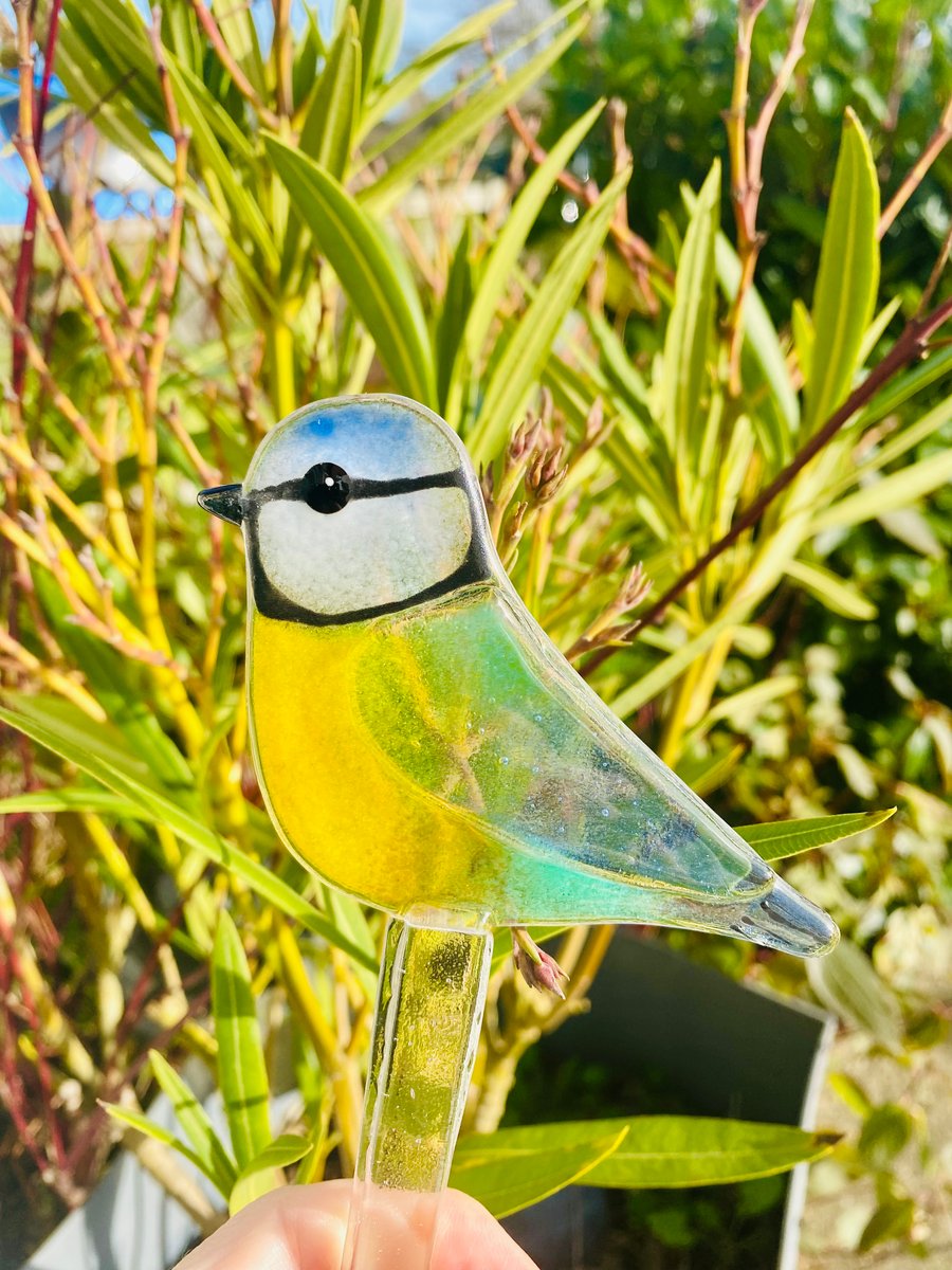 Fused glass blue tit garden plant pot decoration 