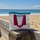 Upcycled Sailcloth Tote Bag with Raspberry Handles - Handmade Coastal Shopper