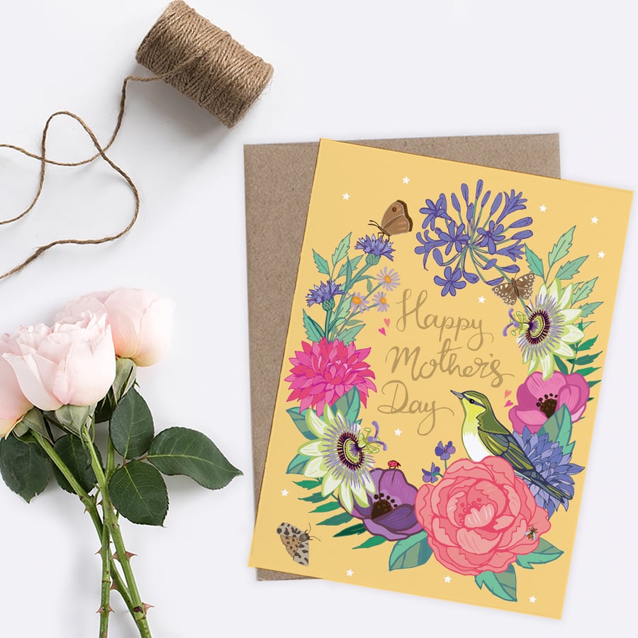 Yellow Floral Mother's Day Card A5 sized, featuring a bird illustration