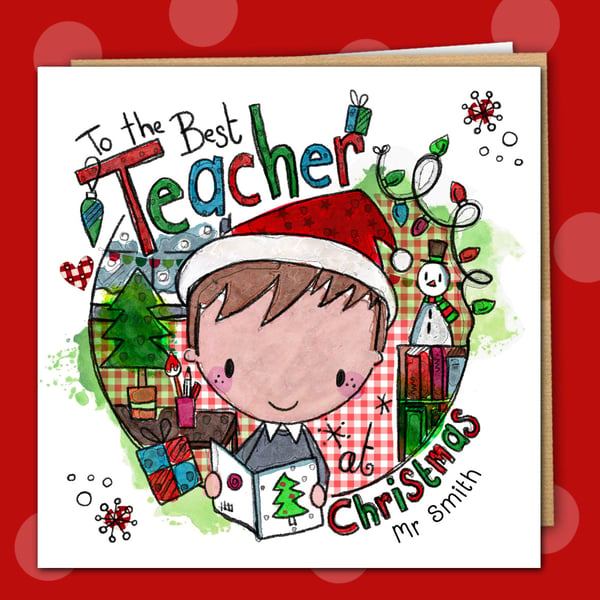 Male Teacher Christmas personalised white square 6" linen card