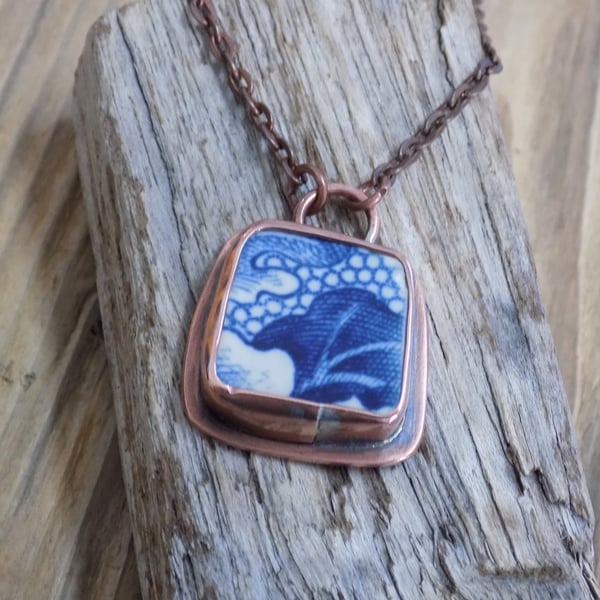  copper bezel set, Rustic aged, worn pottery pendant 