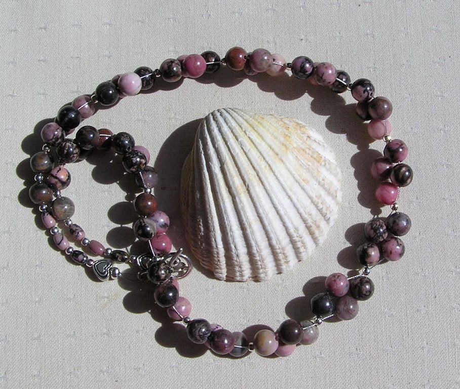 Pink & Black Rhodonite Crystal Gemstone Statement Chakra Necklace "Sultry Rose"