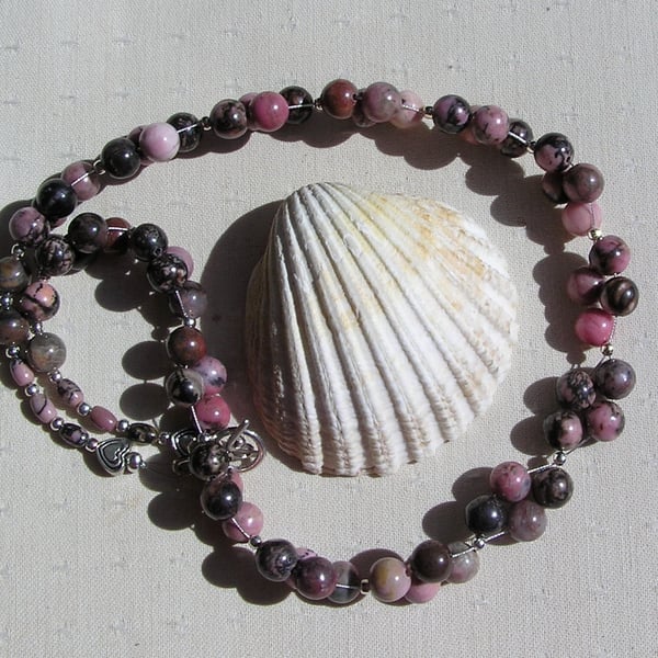 Pink & Black Rhodonite Crystal Gemstone Statement Chakra Necklace "Sultry Rose"