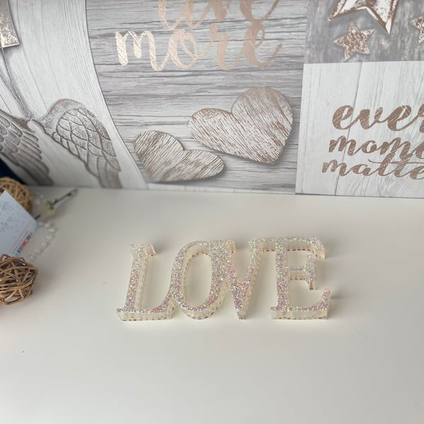 Handmade white LOVE Sign iridescent  Romantic wedding gift FREE delivery