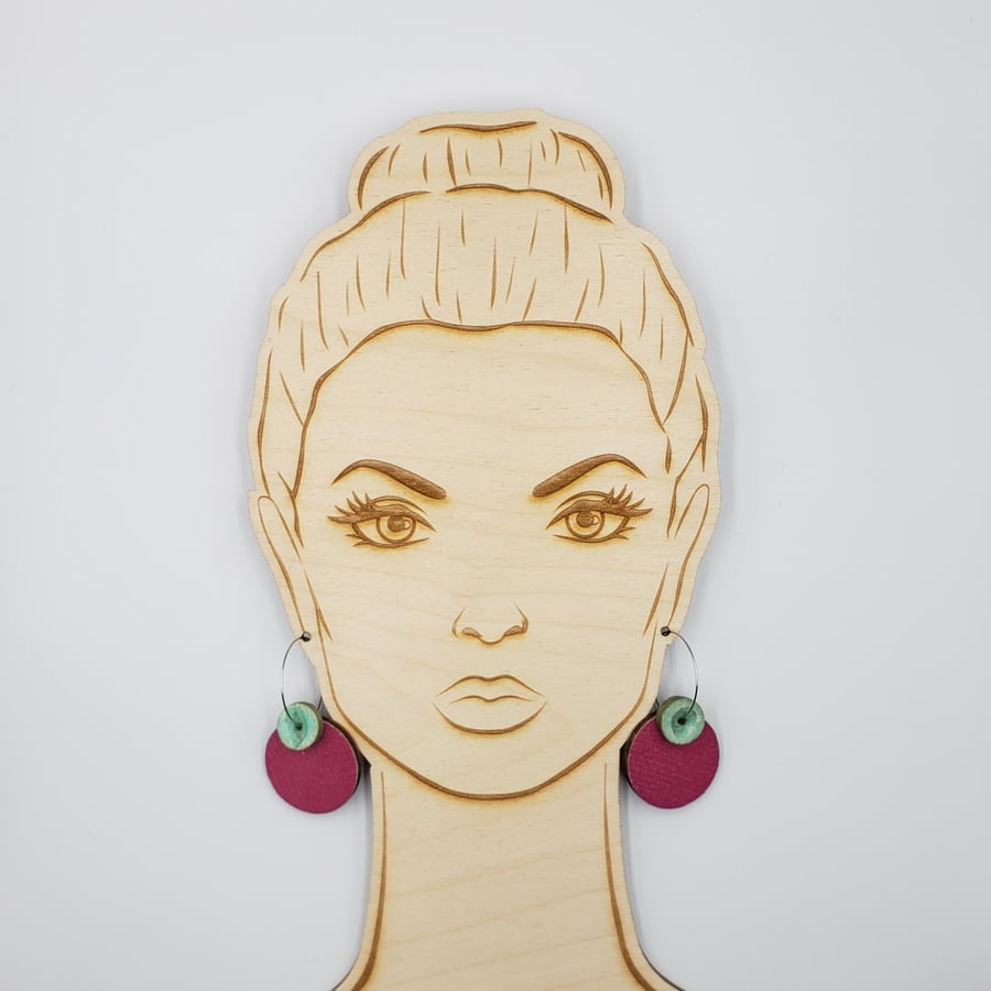 Hot pink dangly earrings with a mint button bead