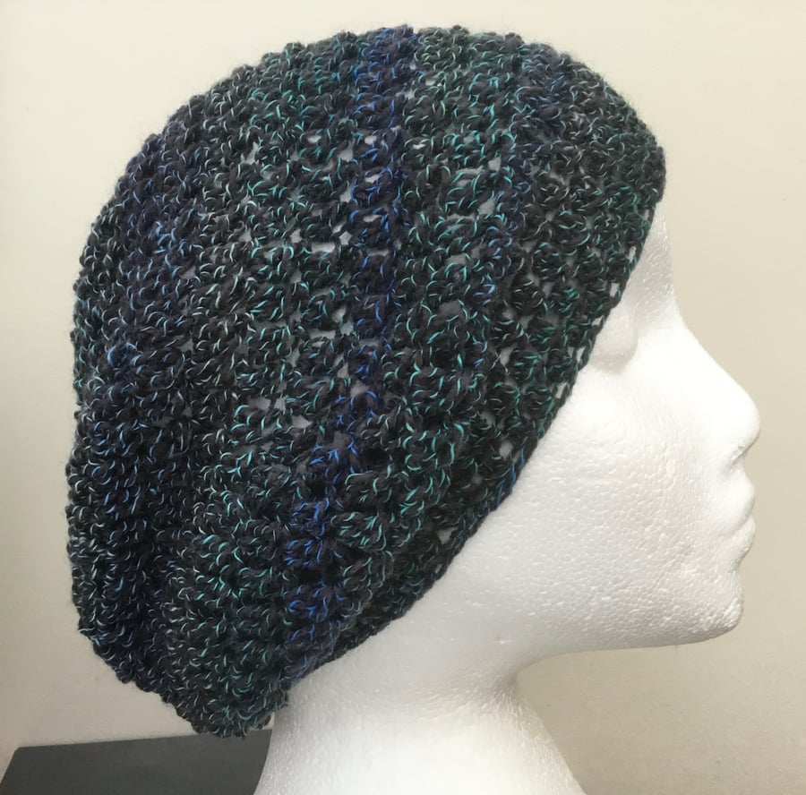 Stormy Sea Super Slouchy! Crocheted Beanie, Soft Beret or Slouchy Hat.