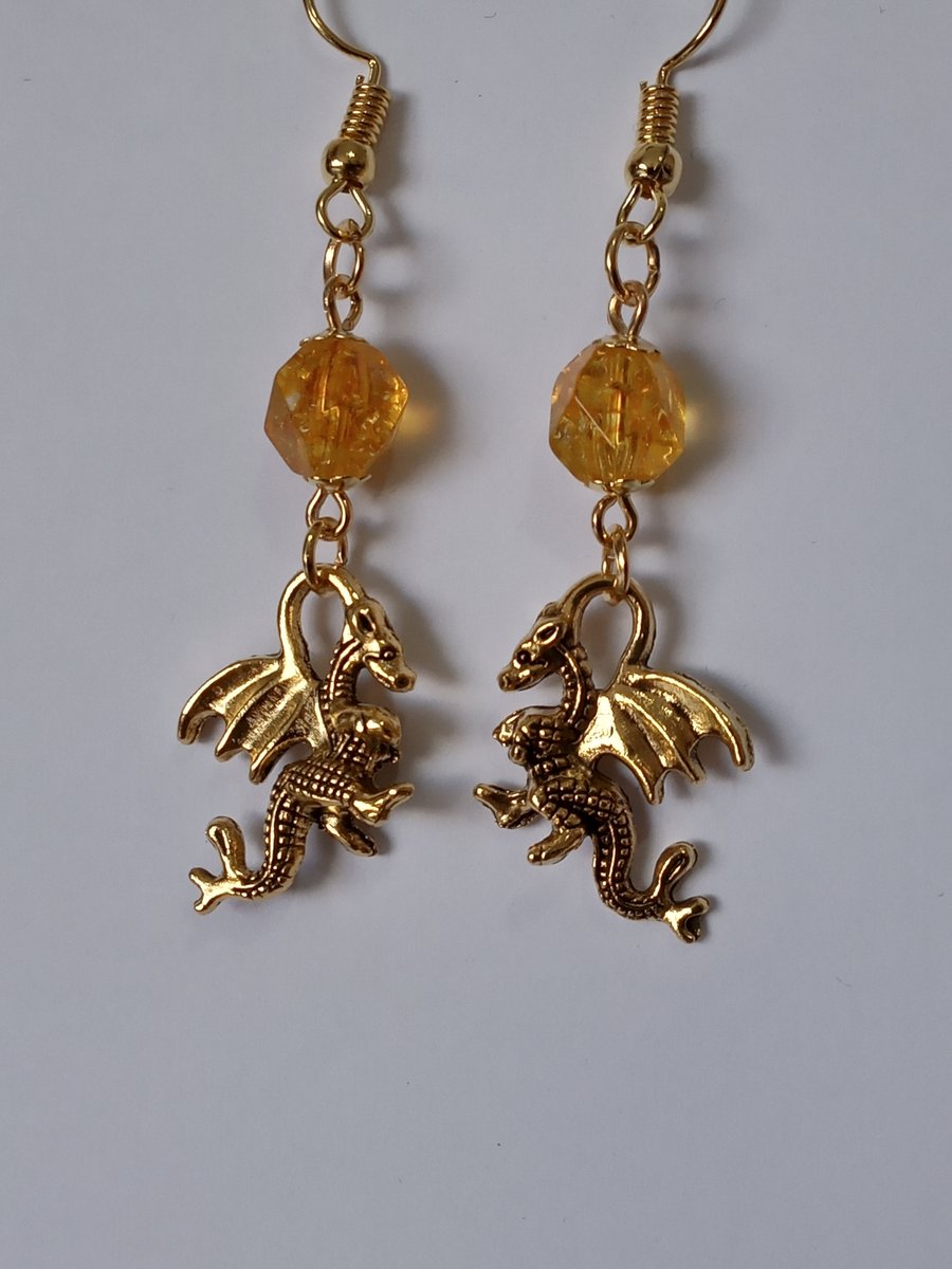 Antique Gold Dragon Earrings with Citrine Gemstones - 6 closures to choose from