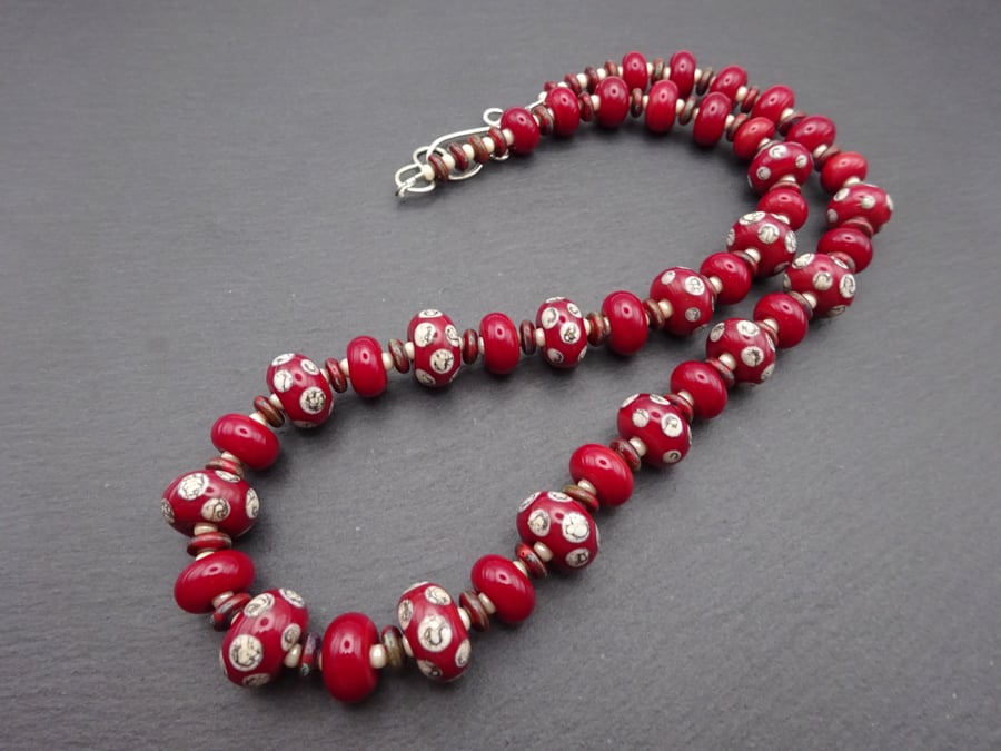 lampwork glass red and ivory spot necklace