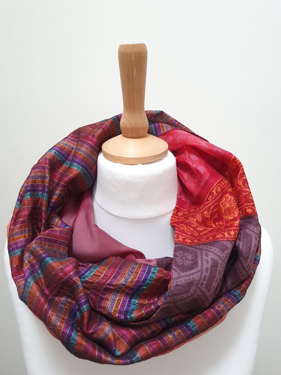 Sari silk double sided infinity scarf. Shades of burnt orange, burgundy, brown, 