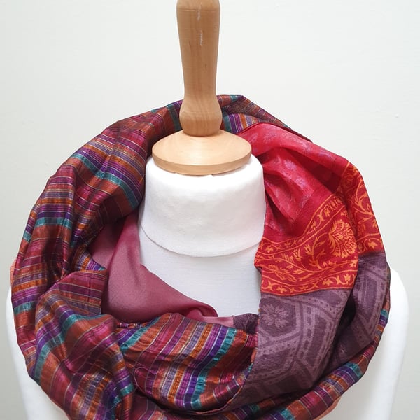 Sari silk double sided infinity scarf. Shades of burnt orange, burgundy, brown, 