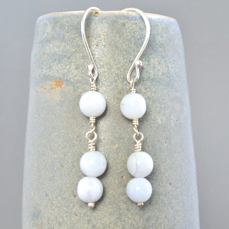 Blue Lace Agate Gemstone Sterling Silver Dangle Drop Earrings Minimalist 