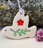 Teeny ceramic dove decoration with leaves and red flower