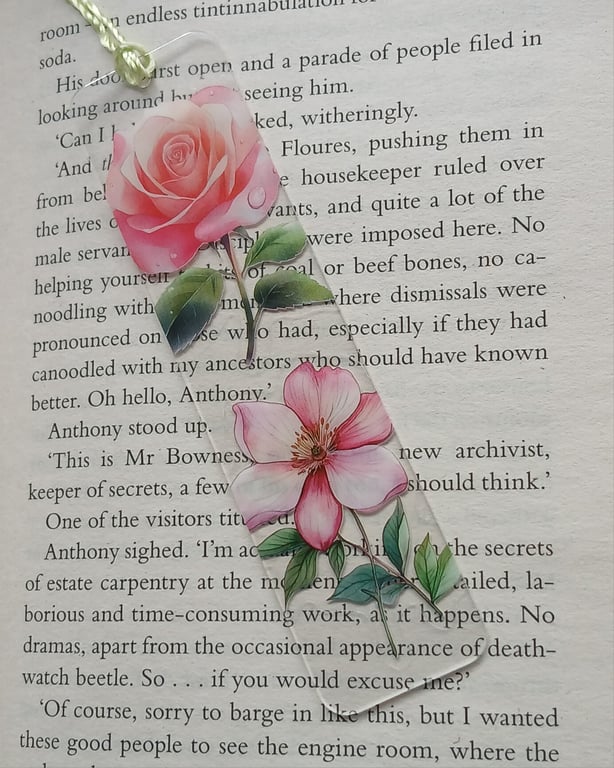 Clear acrylic bookmark decorated with pink flowers decals 