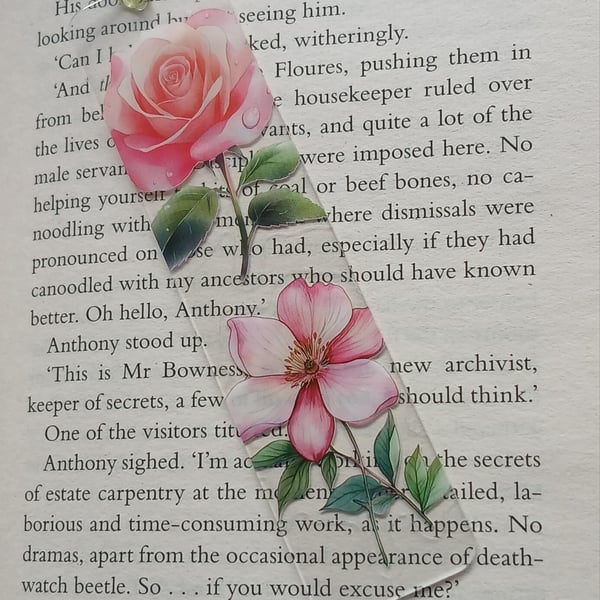 Clear acrylic bookmark decorated with pink flowers decals 
