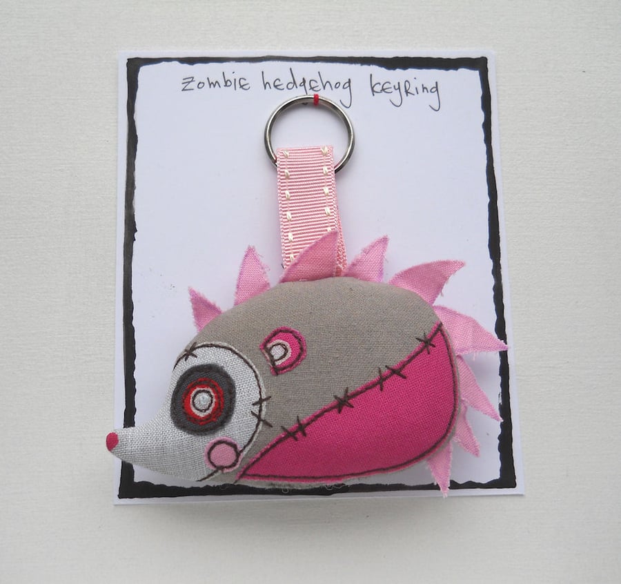 freehand embroidered zombie hedgehog bag charm keyring hot pink