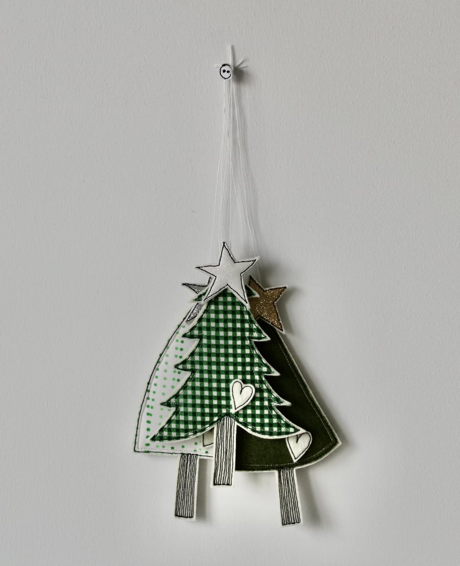 'Three Christmas Trees in Greens' - Hanging Decorations