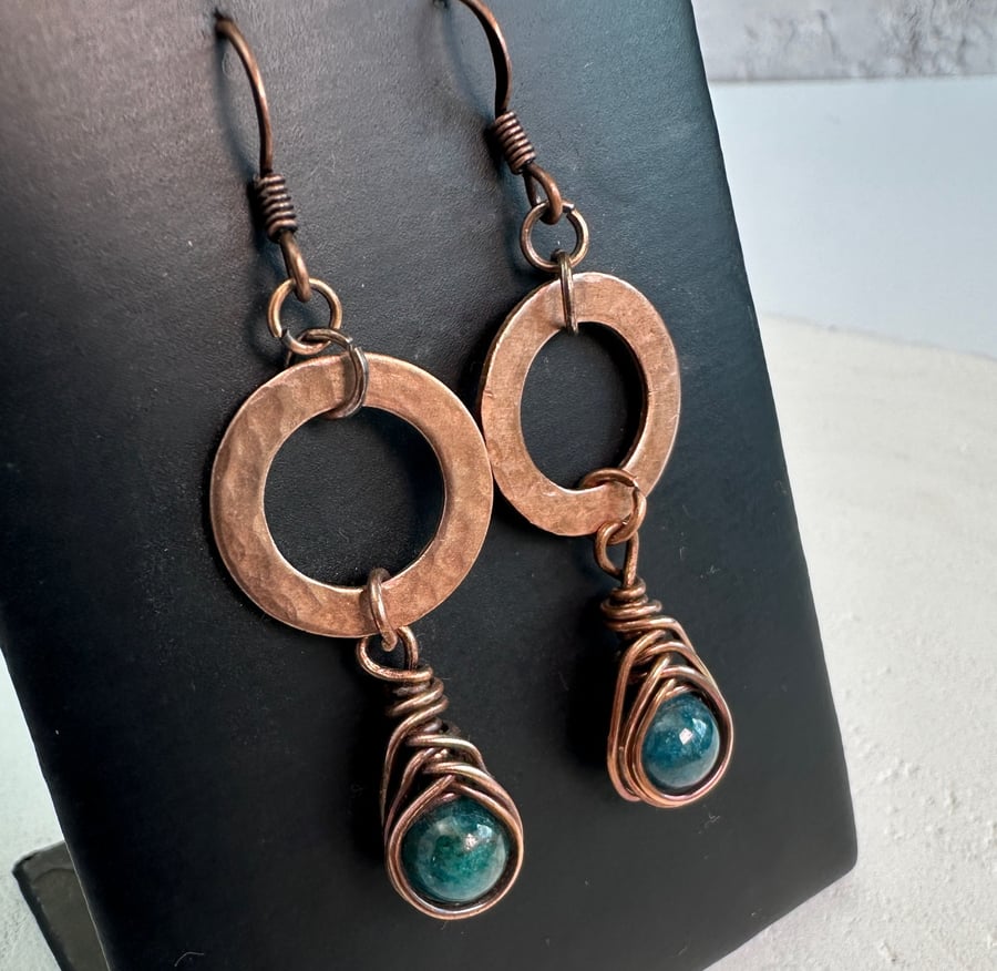 Copper Washer Earrings with wire wrapped Apatite Beads