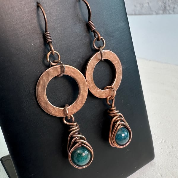 Copper Washer Earrings with wire wrapped Apatite Beads