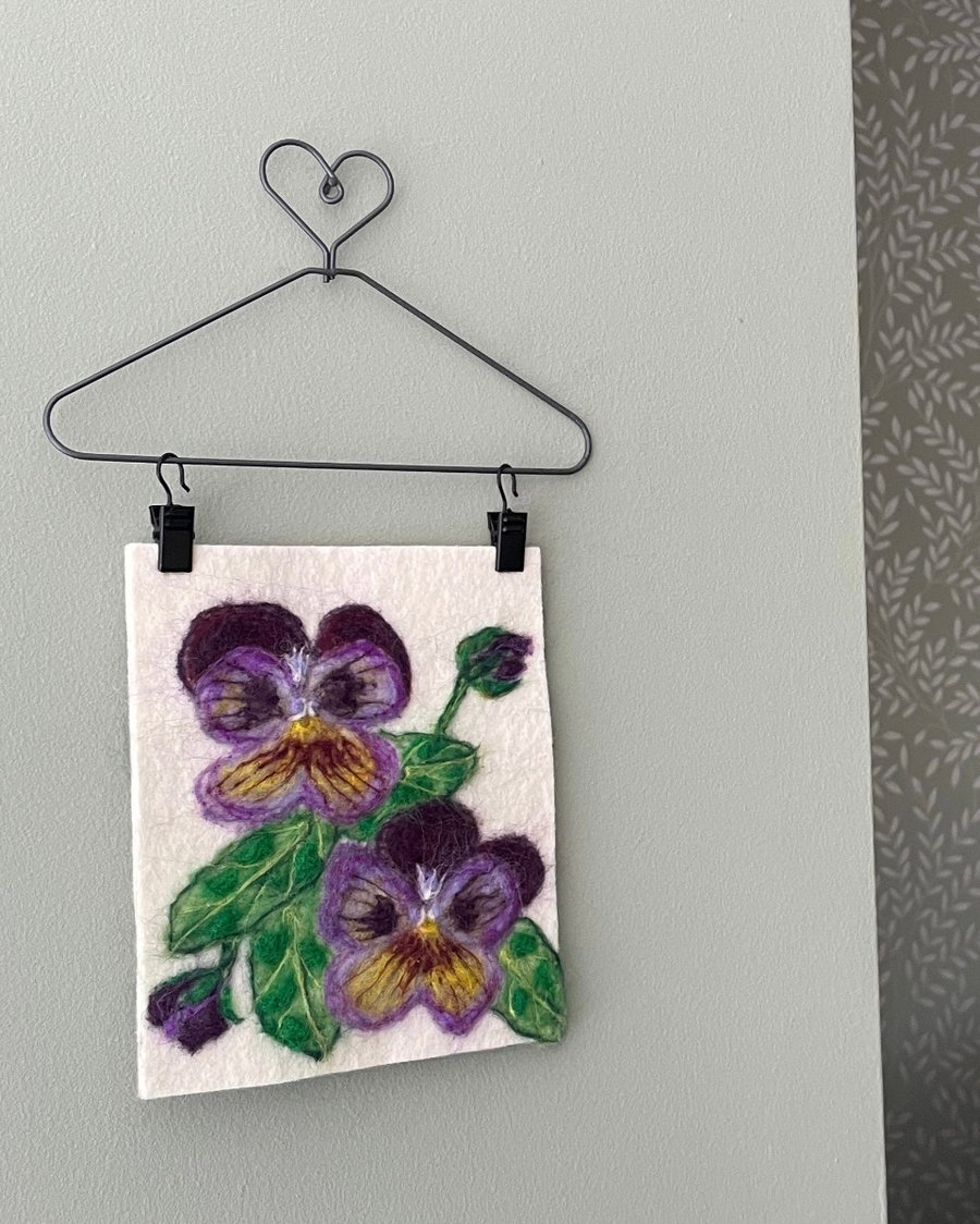 Hand Felted Pansies Textile Artwork 