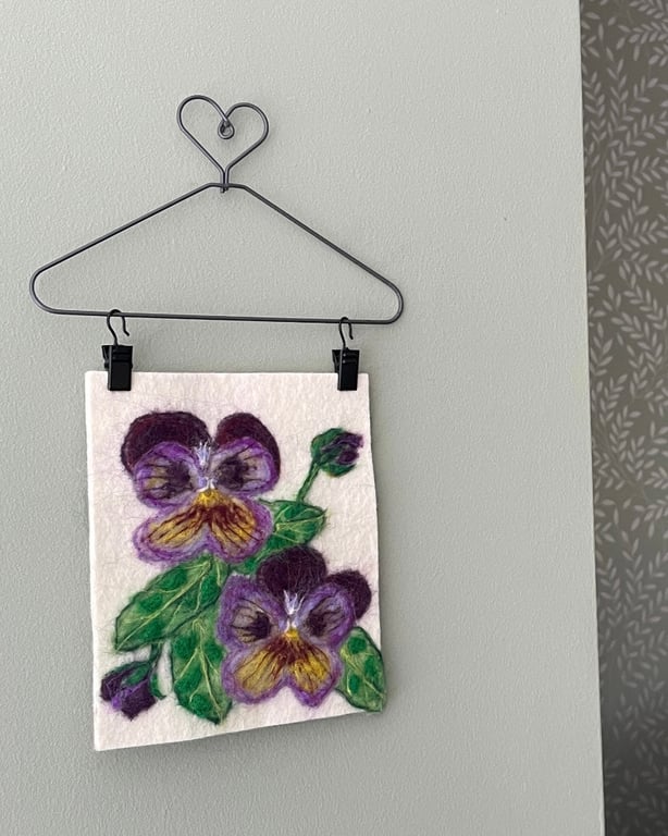 Hand Felted Pansies Textile Artwork 