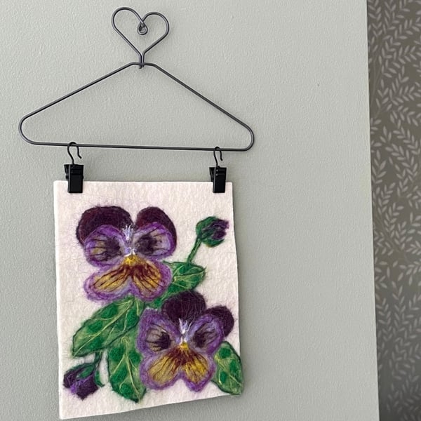 Hand Felted Pansies Textile Artwork 
