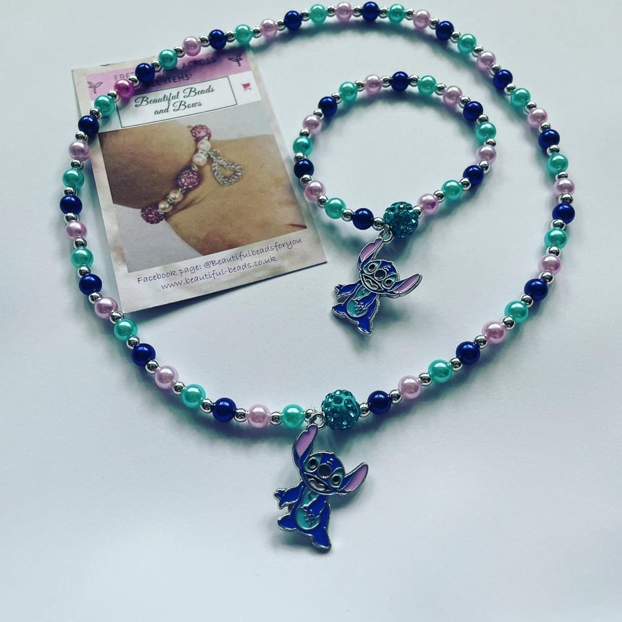 Stitch pendant charm matching bracelet and necklace jewellery set toddler adults