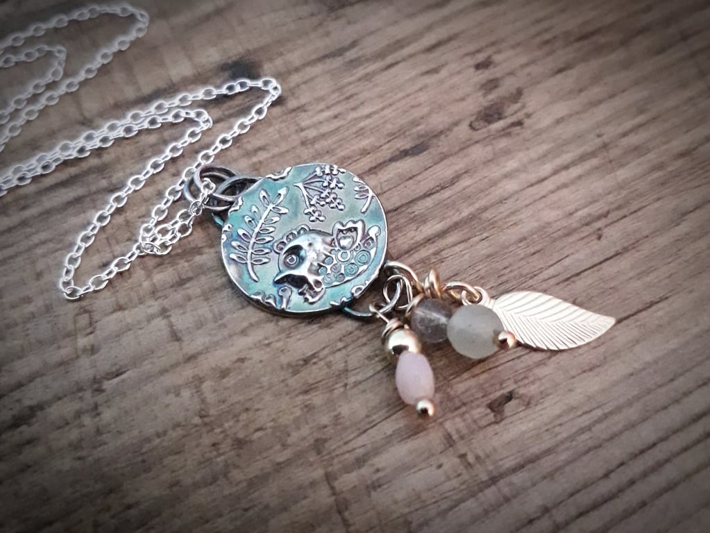 Botanical Bird Pendant - round, recycled silver 