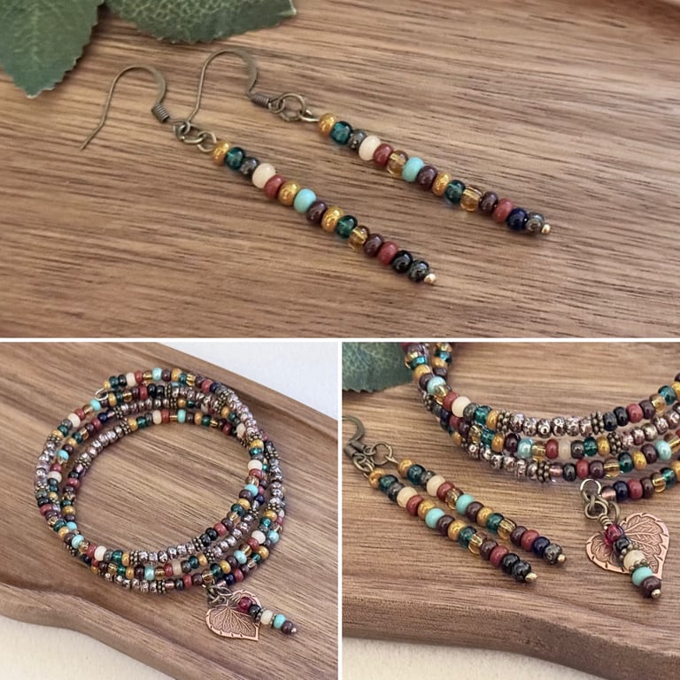 Boho beaded wrap bracelet and earrings set