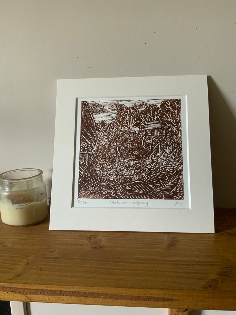 Hedgehog linocut print, an original limited edition lino print