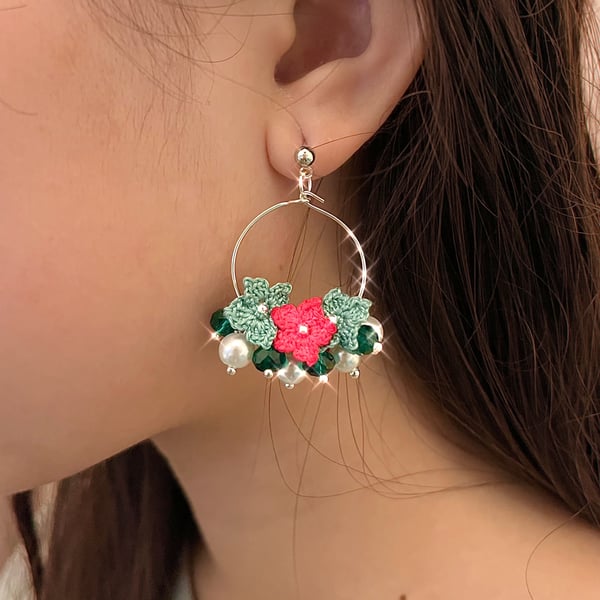 Christmas Microcrochet  Flowers Glass Beads Earrings 