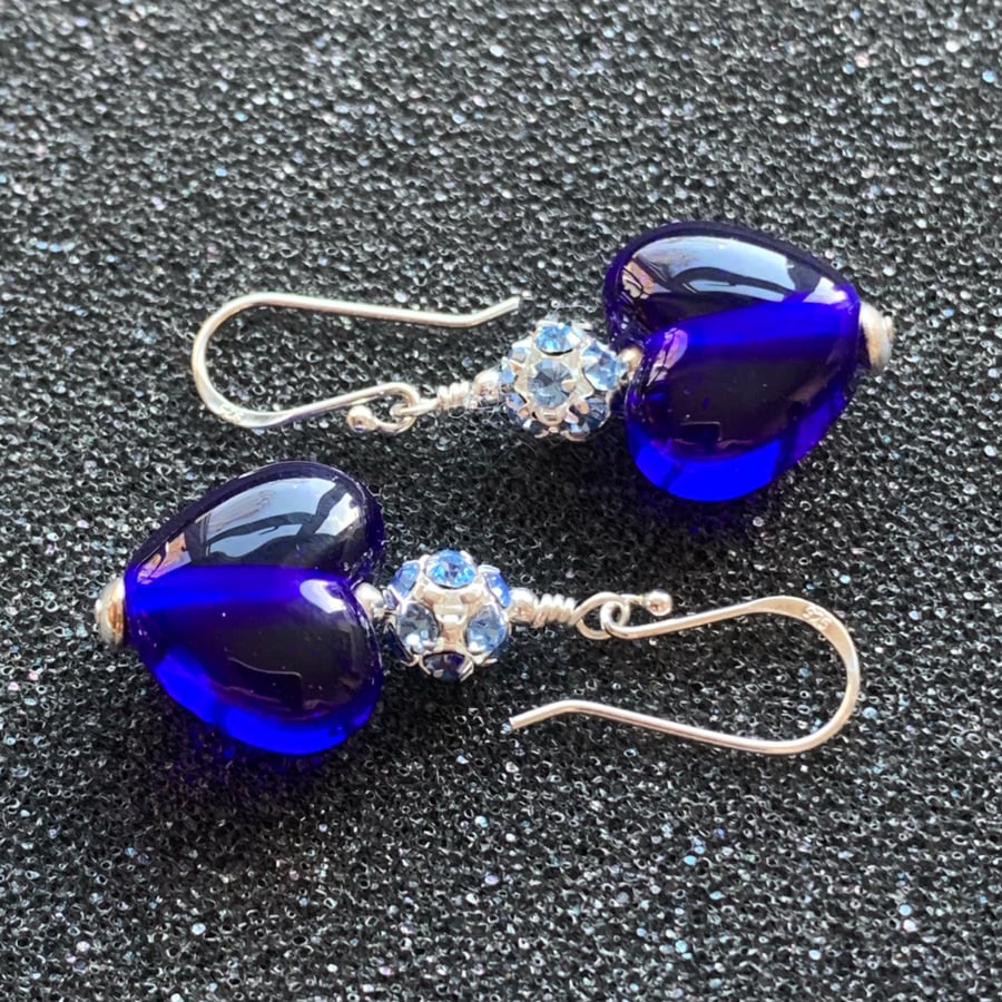 Sterling silver, rhinestone crystal & artisan glass earrings - FREE UK P&P