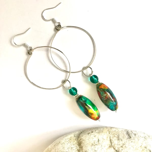 Sterling Silver Hoop Earrings with Vibrant Oval Harlequin Beads, Drop 2”
