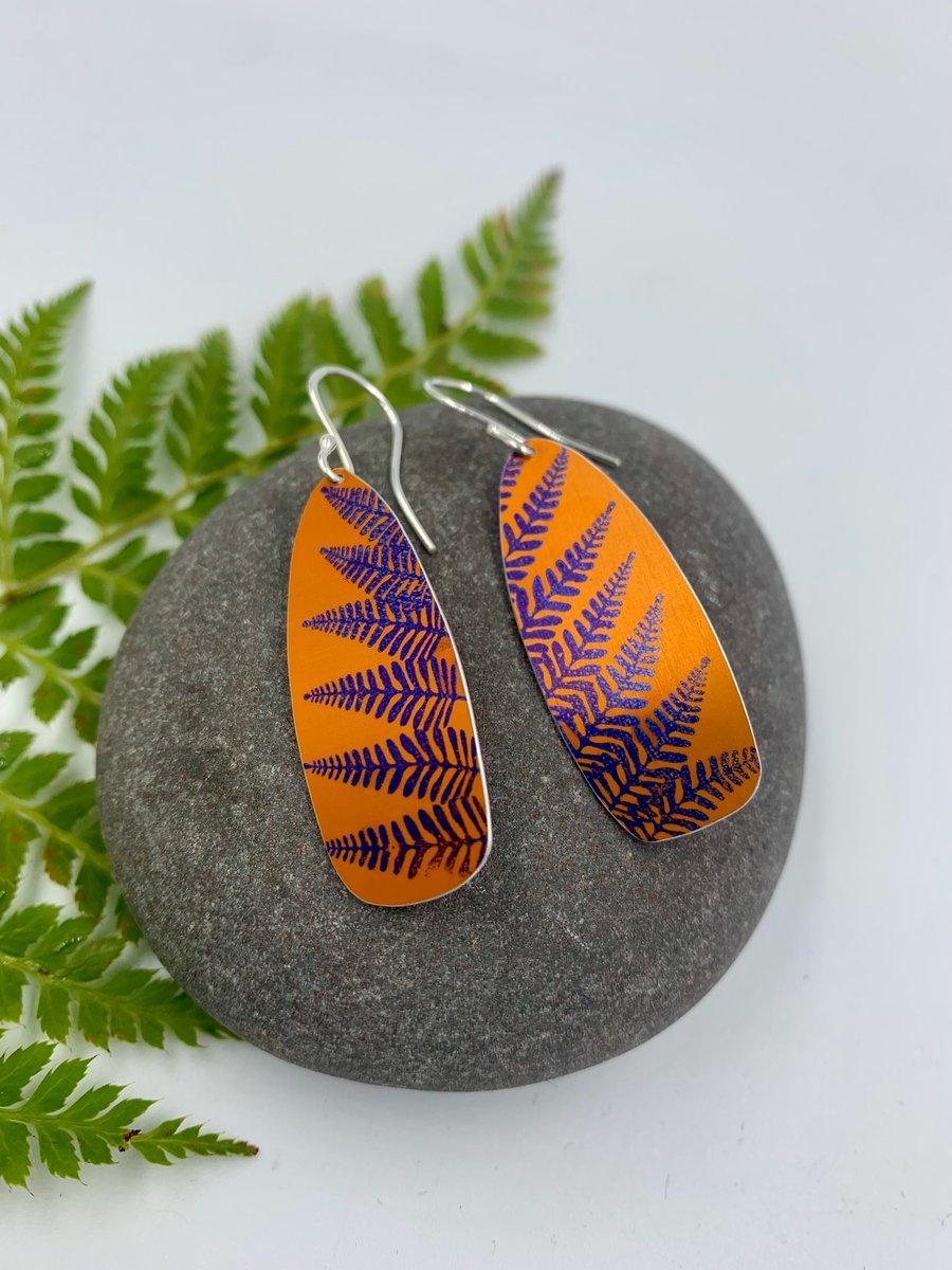 Orange fern print aluminium earrings