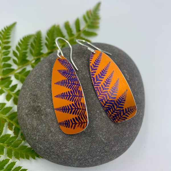 Orange fern print aluminium earrings