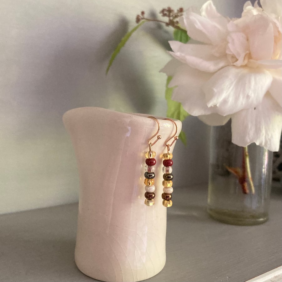 Warm gold mix seed bead earrings, gold-plated