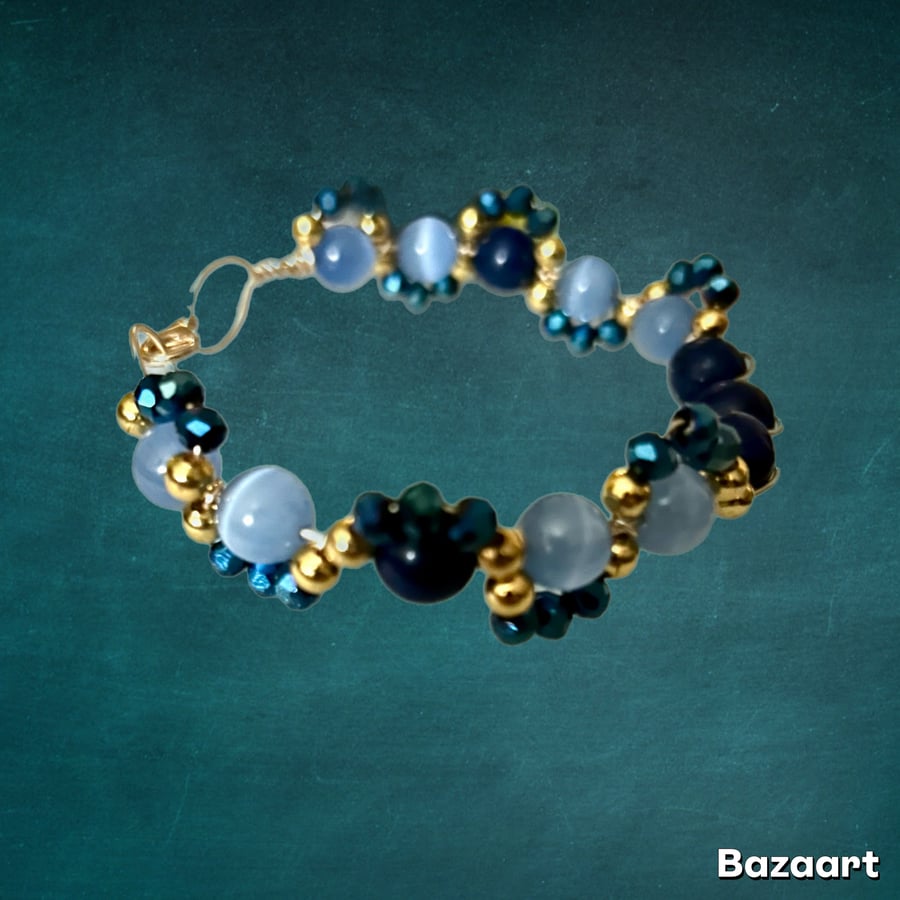 Bracelet, Semi Precious Navy Lapis Lazuli, Blue Cats Eyes & Gold Plate Beads