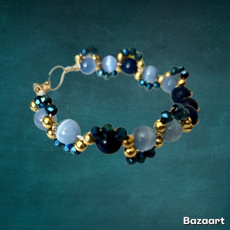 Bracelet, Semi Precious Navy Lapis Lazuli, Blue Cats Eyes & Gold Plate Beads