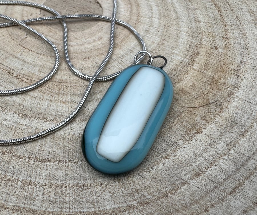 Beautiful Handmade Blue and Cream Fused Glass Pendant 