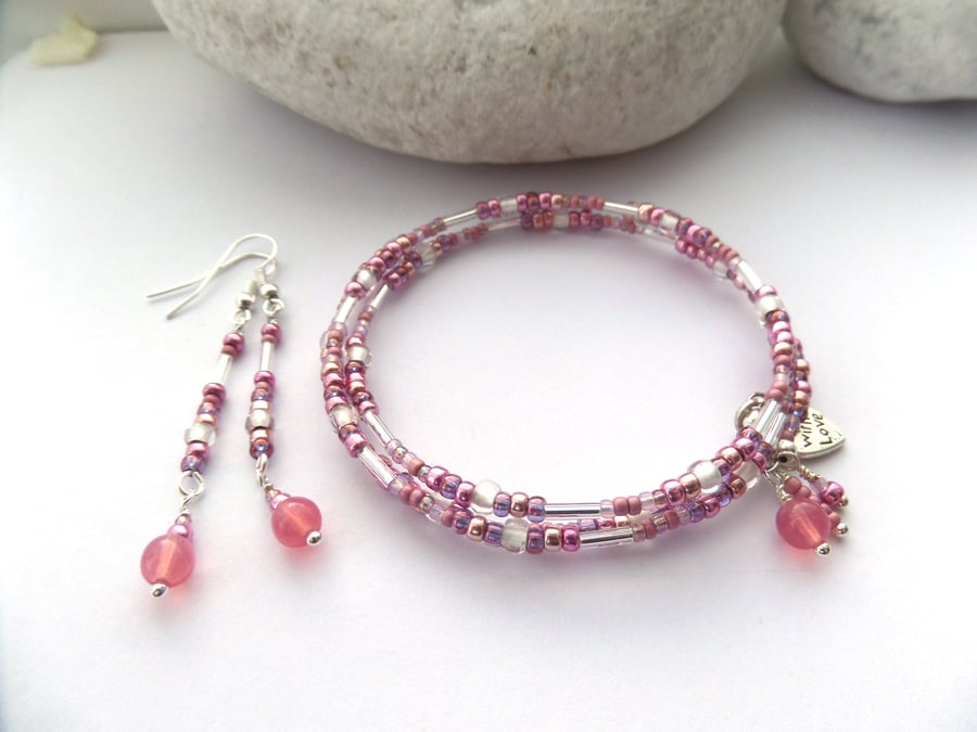 Slim Bangle and Dangle Earring Set, Amethyst or Strawberry Quartz