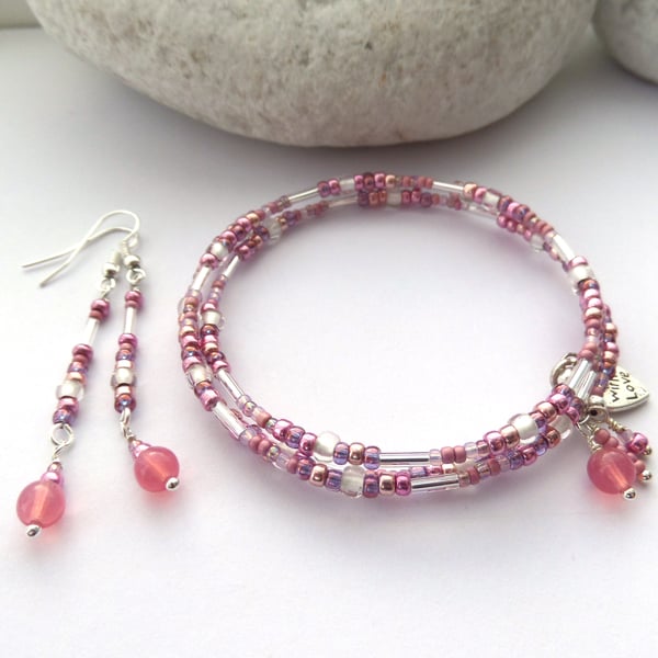 Slim Bangle and Dangle Earring Set, Amethyst or Strawberry Quartz