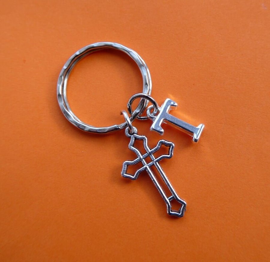 Silver cross keyring with initial