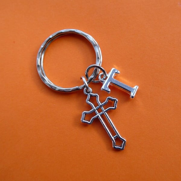 Silver cross keyring with initial