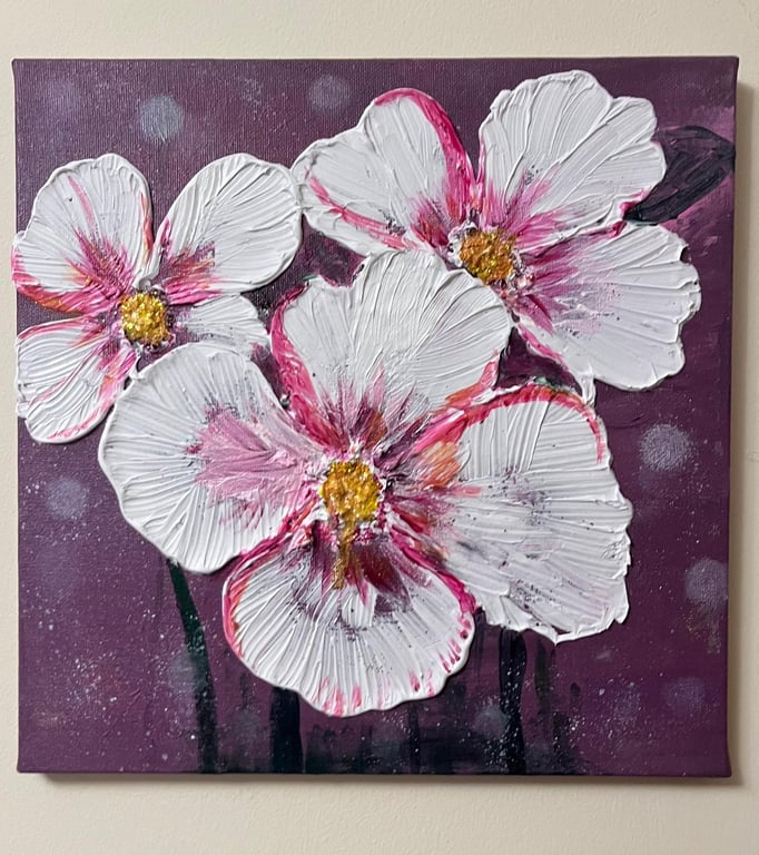 Flower painting, Textured Floral Canvas Painting – White & Pink Blossoms