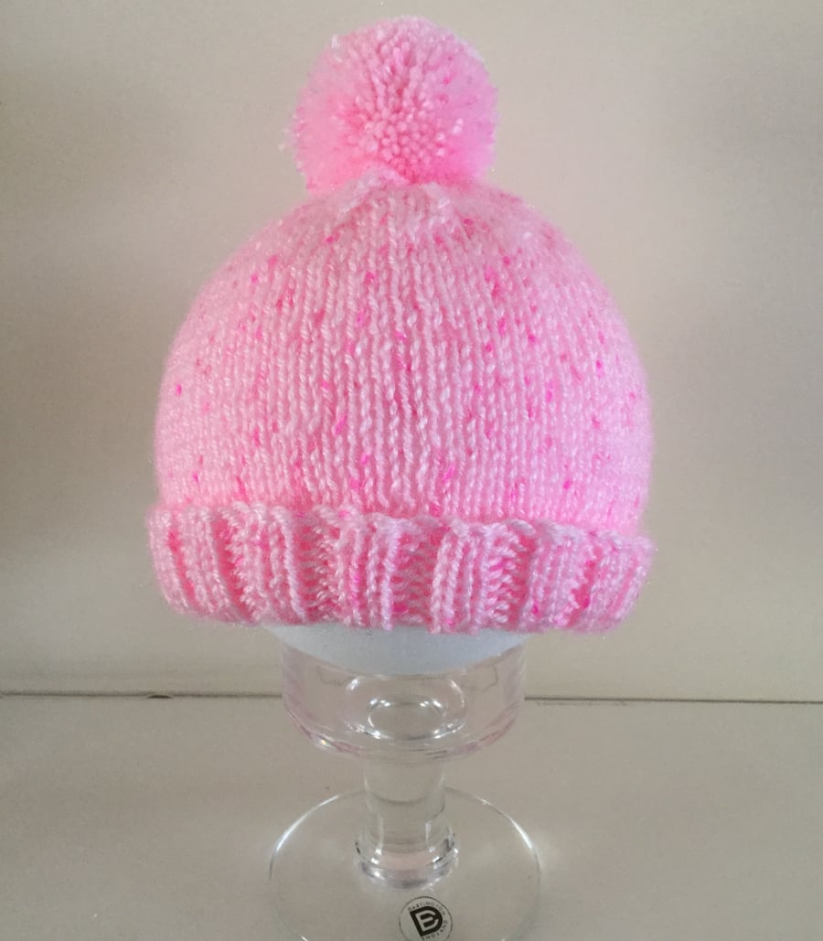 Knitted Baby Pompom Bobble Hat in Pink